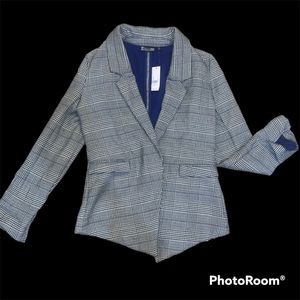 Open front plaid blazer gray xs business casual long line comfortable angled S